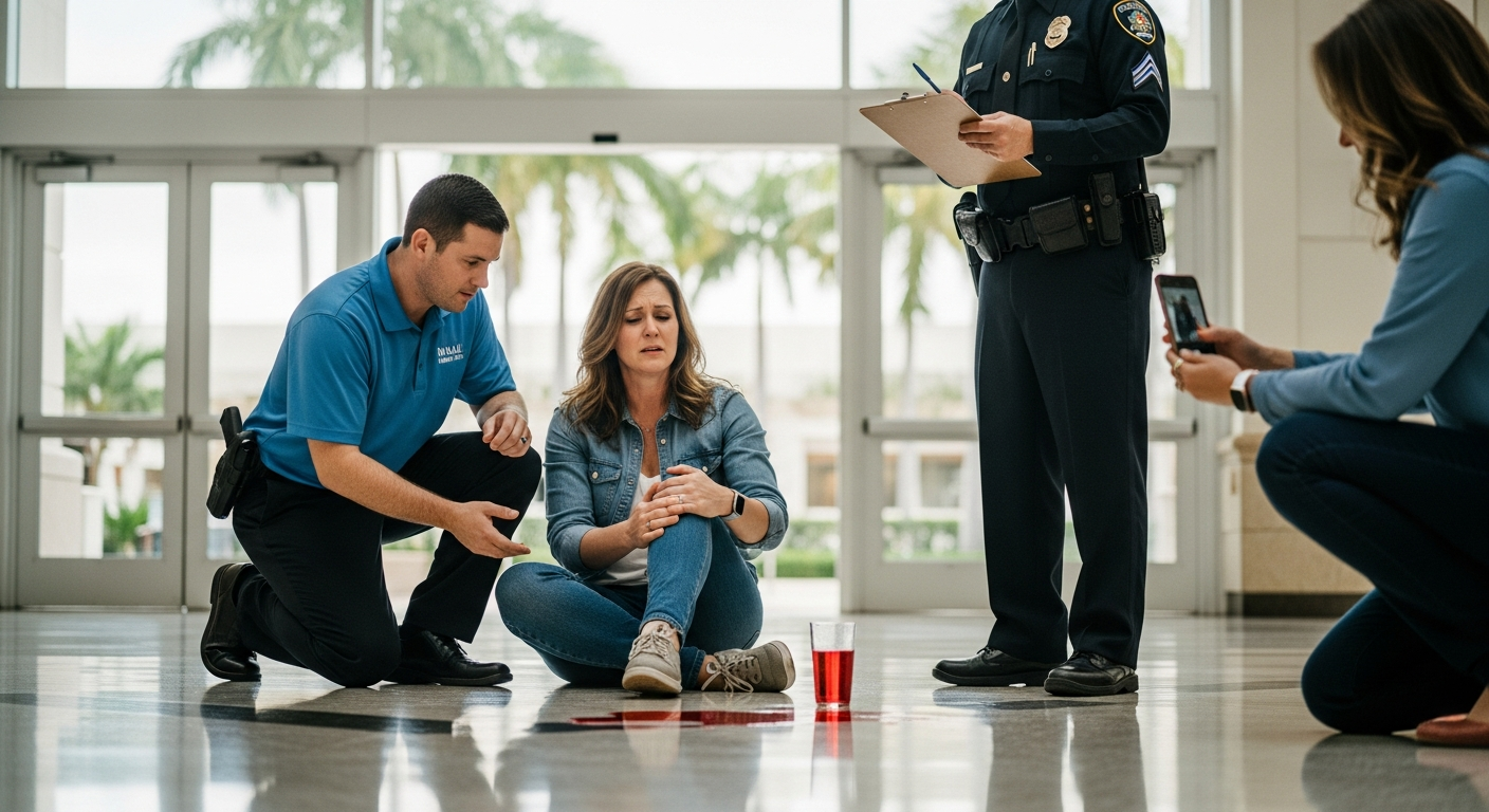 Florida mall slip and fall accident with injured shopper and security documenting hazardous conditions.