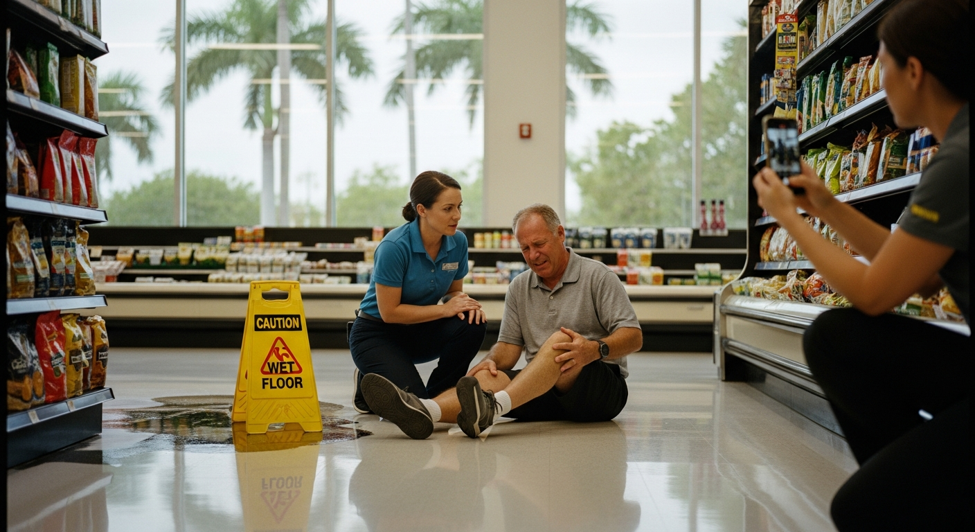Slip and fall steps after accident in Jupiter Florida with injured person documenting scene.