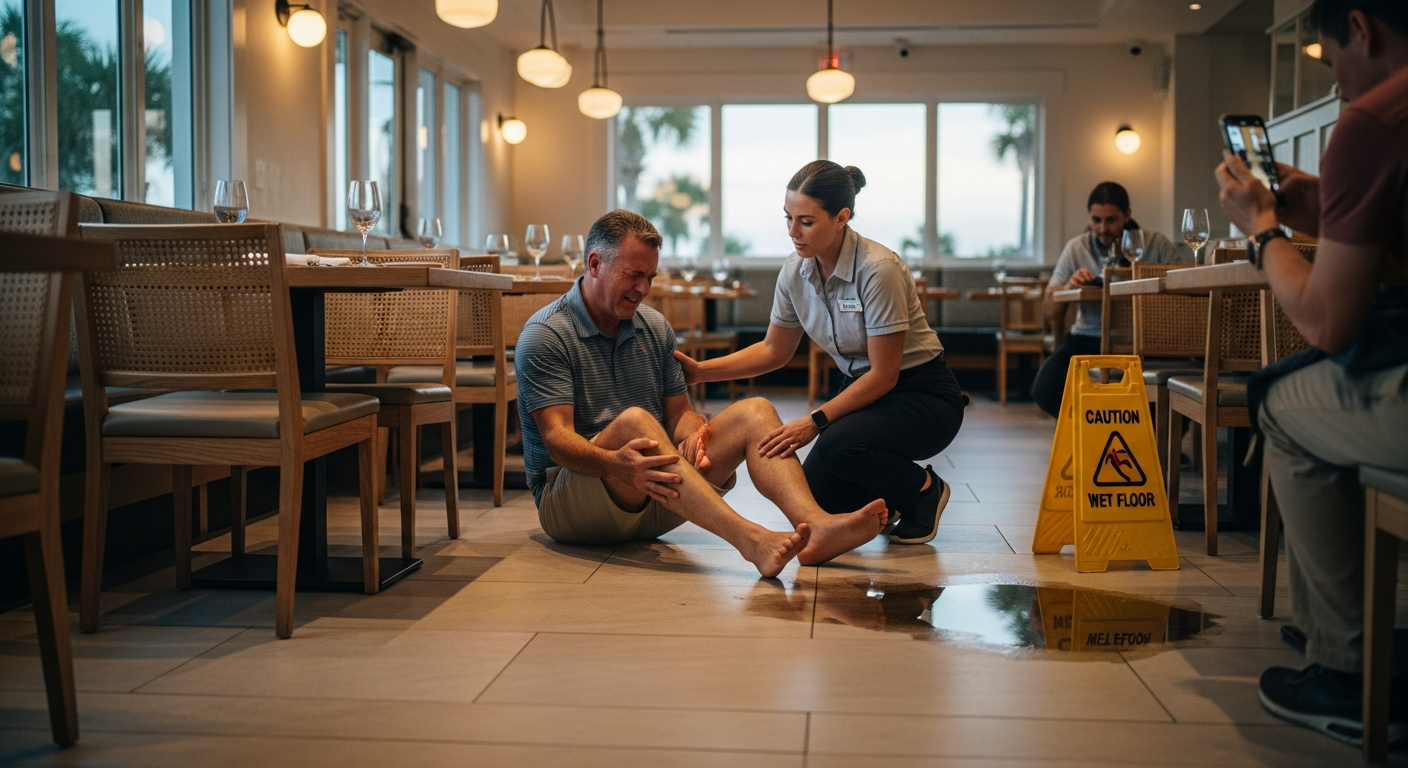 Restaurant liability slip and fall accident in Jupiter Florida involving injured customer and unsafe conditions.