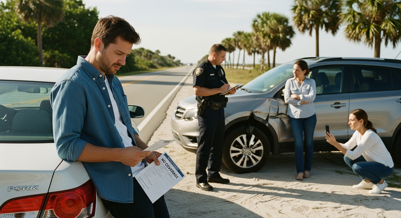 Uninsured driver accident in Florida with police documenting crash and insurance dispute